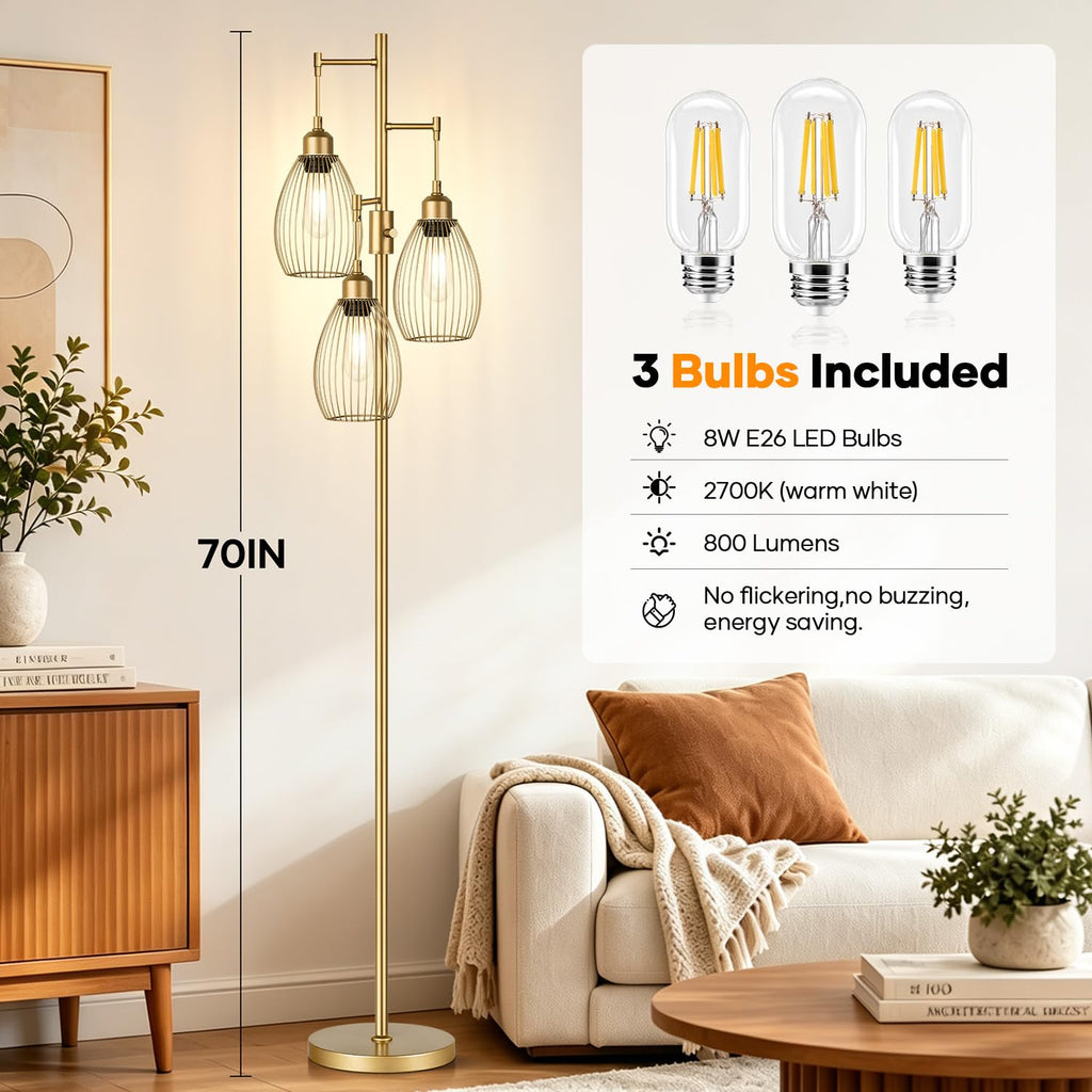 Dimmable Floor Lamp, 3 x LED Edison Bulbs Included, Farmhouse Industrial Floor Lamp Standing Tree Lamp with