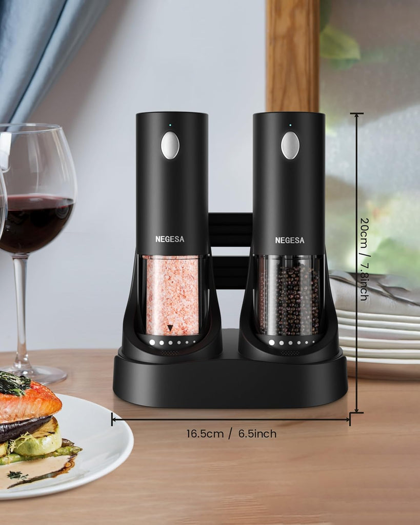 Electric Salt and Pepper Grinder Set with Rechargeable Base - Automatic Refillable Electric Salt and Pepper Shakers - Set of 2