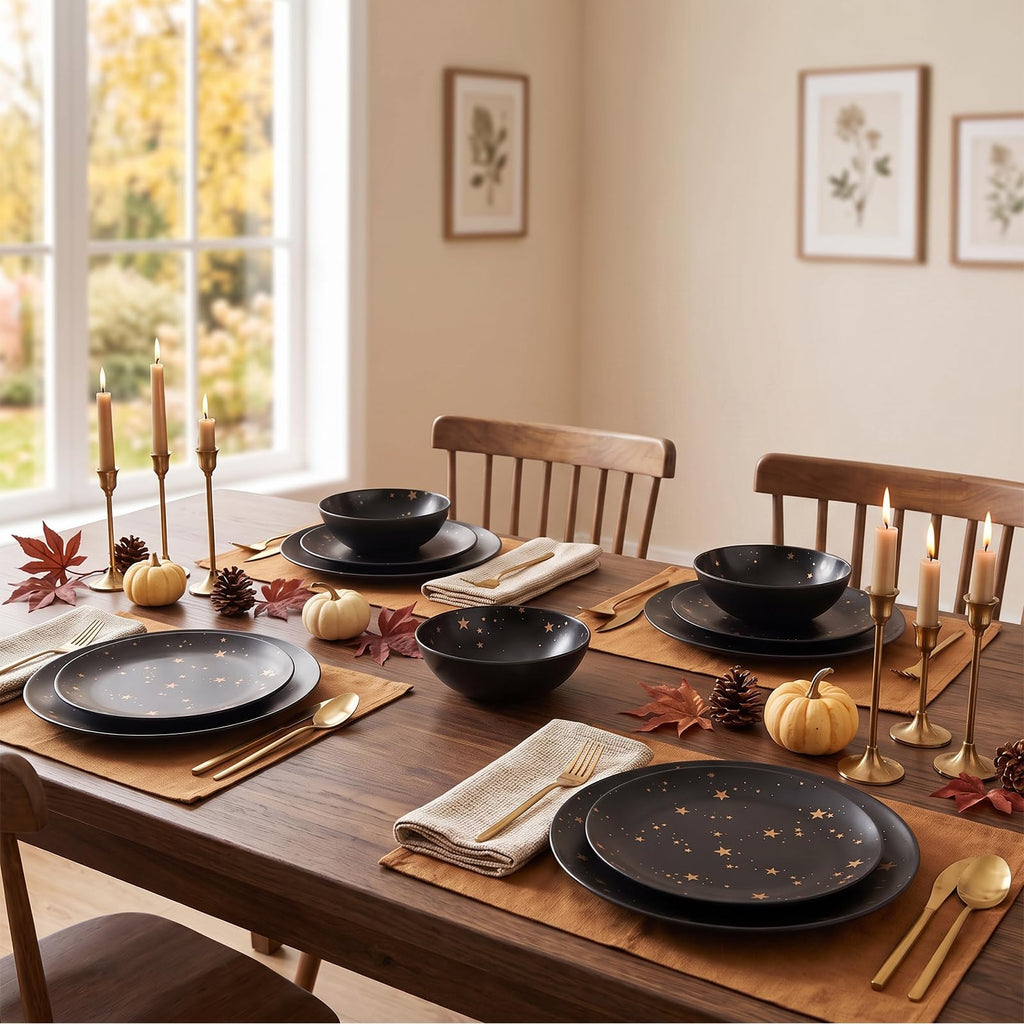 Black Melamine Dinnerware Sets - 12pcs Plates and Bowls Sets,Service for 4