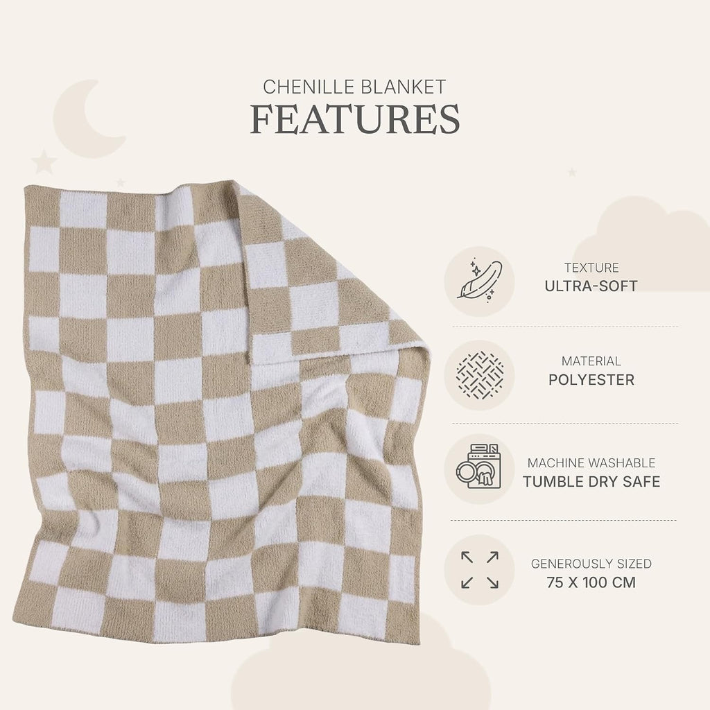 Textiles Taupe Check Chenille Boy Baby Blanket Super Soft Reversible
