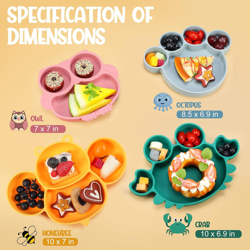 4 Pcs Silicone Baby Plates Toddler Suction Plates Divided Baby Dishes Cute Animal Kids Plates for Toddlers Baby