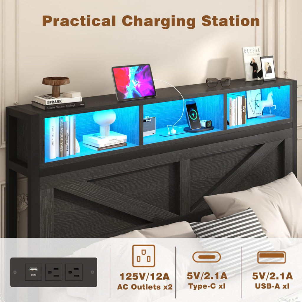 Farmhouse Bed Frame with Bookcase Storage Headboard, Charging Station, LED Light and 2 Storage Drawers, Noise