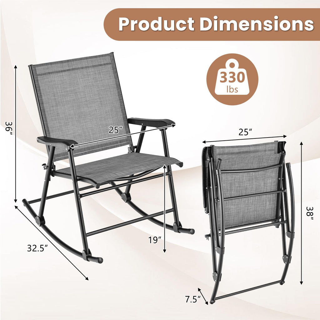 Folding Rocking Chairs Set of 4, Patio Rockers with Breathable Seat Fabric & Sturdy Metal Frame, Smooth Rocking