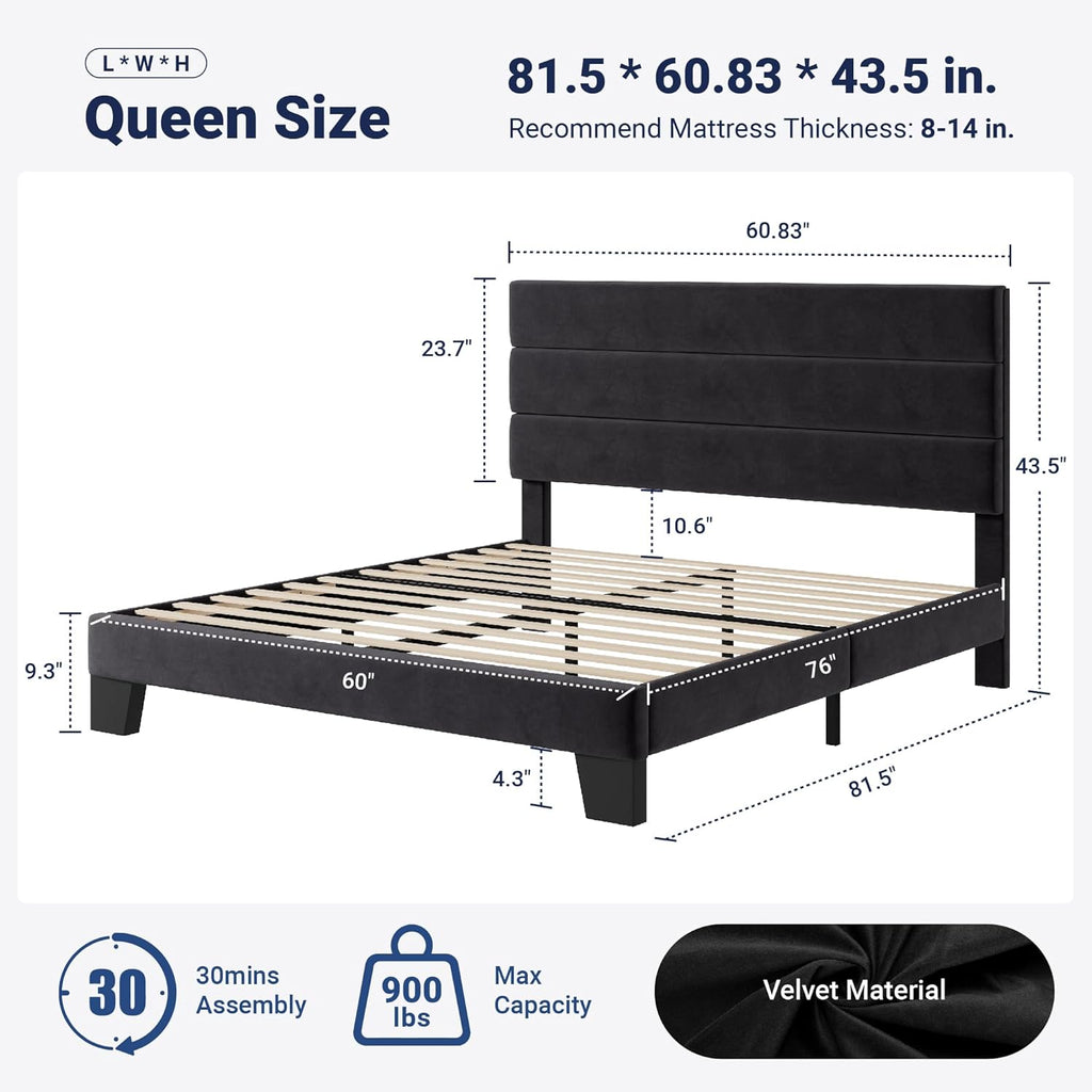 Queen Platform Bed Frame with Velvet Upholstered Headboard and Wooden Slats Support