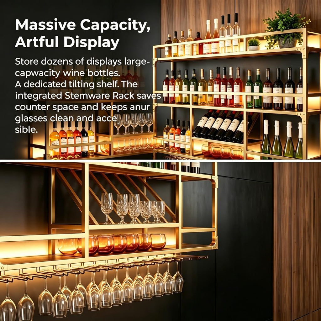 59in Wall Mounted Wine Rack, Floating Industrial Liquor Glass Holder 3 Tiers, Large Metal Wine Bottle Display Rack