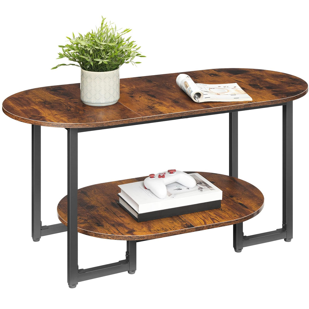Coffee Table, Oval Small Coffee Table with 2-Tier Open Storage Shelf, Industrial Cocktail Tea Table, Wooden Desktop