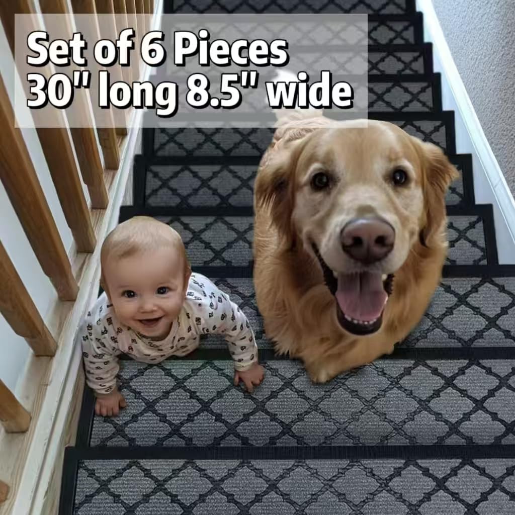6pcs 8.5" x 30" for Elders and Dogs on Wooden Steps Indoor, Winter, Non Slip Stair Runner Rug Ice Insulation with