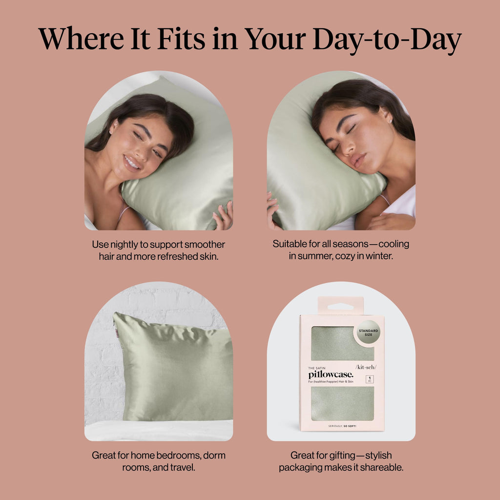 Satin Pillowcase With Zipper - Standard Size, Sage