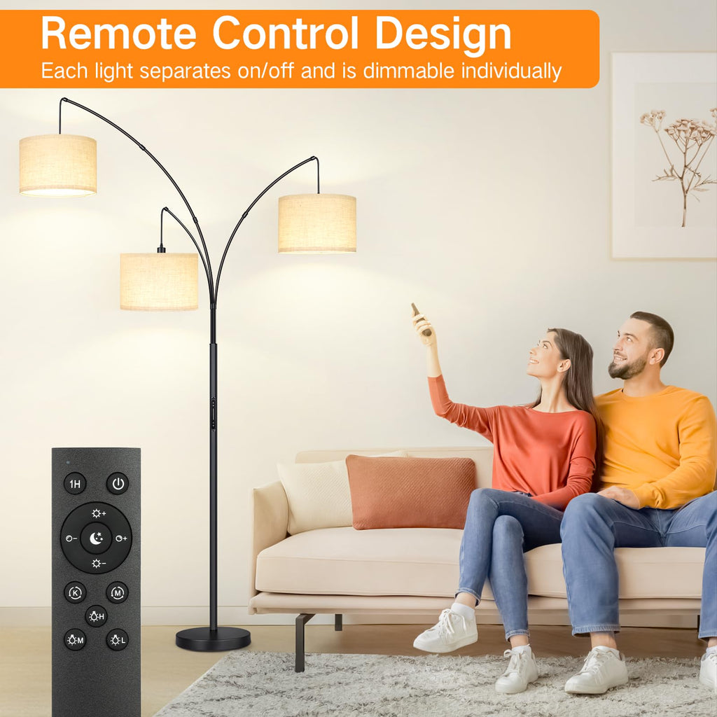 Arc LED Floor Lamp with Remote & Touch Control, Dimmable Modern Black 3 Light Arched Tall Floor Lamp, Mid Century
