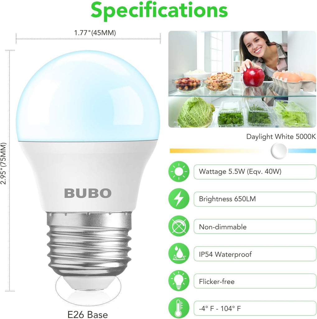 LED Refrigerator Light Bulb 40 Watt 120V, Fridge Light Bulb Daylight 5000K Waterproof, A15 Applicance Bulb
