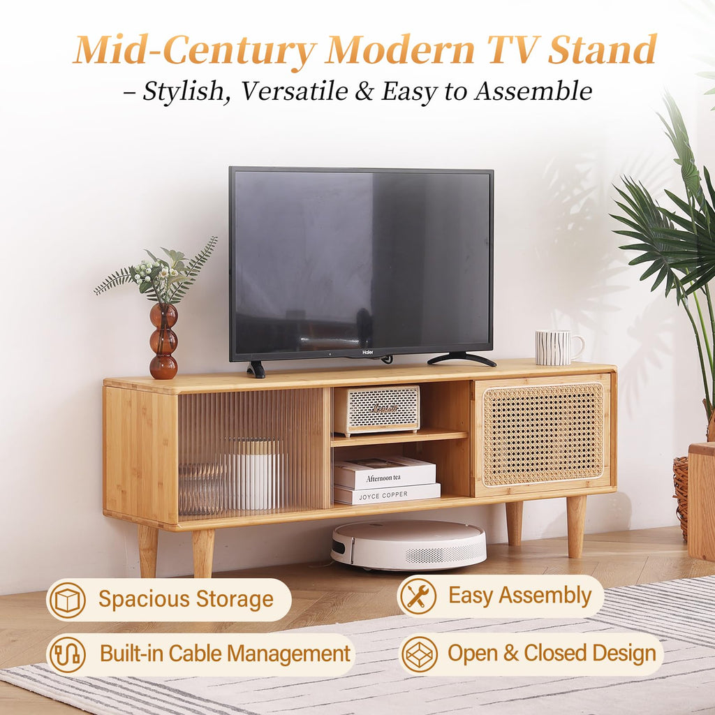 Rattan TV Stand for 55 Inch TV, Bamboo Cabinet with Storage, Wood