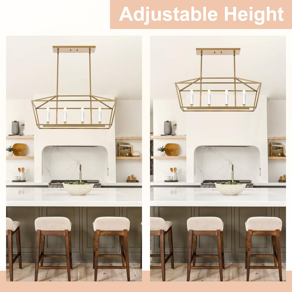 4-Light Gold Kitchen Island Lighting Over Table, Modern Lantern Cage Chandelier Pendant Light Fixture with Height