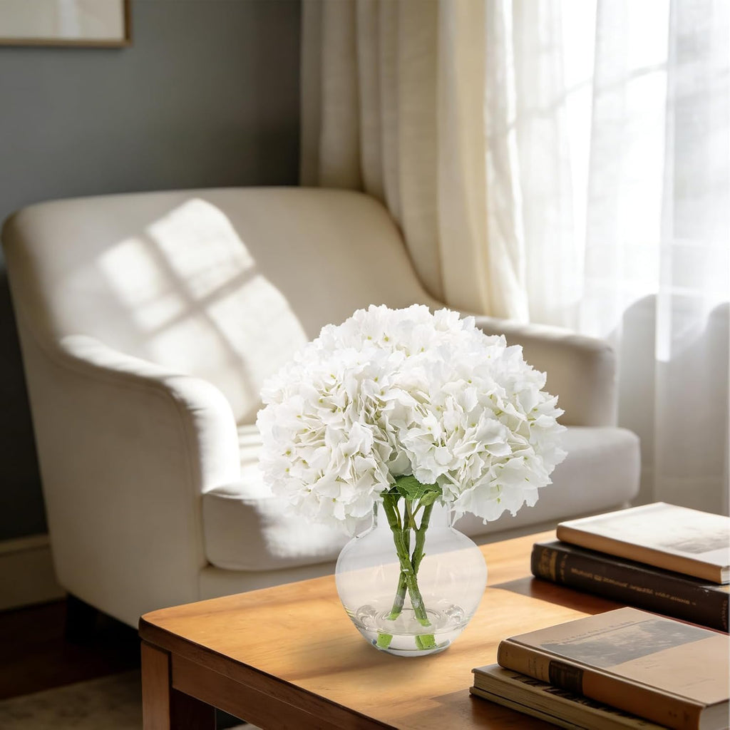 Hydrangea Artificial Flowers with Glass Vase, Real Touch FauxHydrangea Arrangement with Faux Water, Ready-to-Display