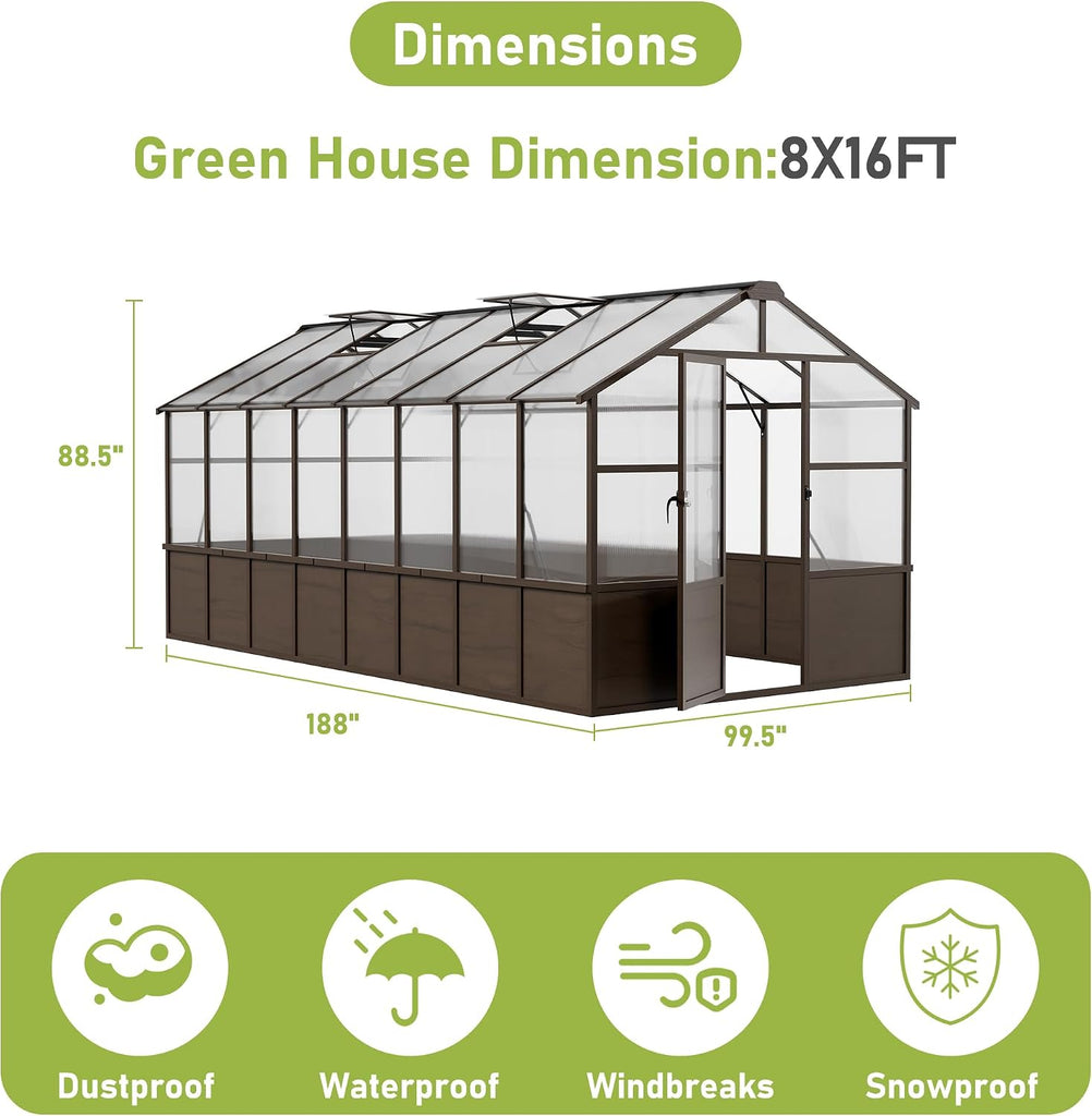 8x16 FT Wooden Walk in Polycarbonate Greenhouse for Outdoors | Heavy Duty Green Houses with Locked Door, Roof Vent
