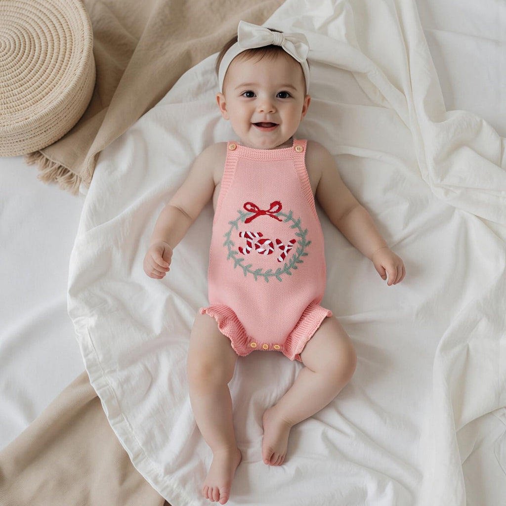 Newborn Christmas Sweater Romper Infant Baby Girl Crochet Knit Sweaters Rompers Embroidery Outfit Xmas Bodysuit Pink