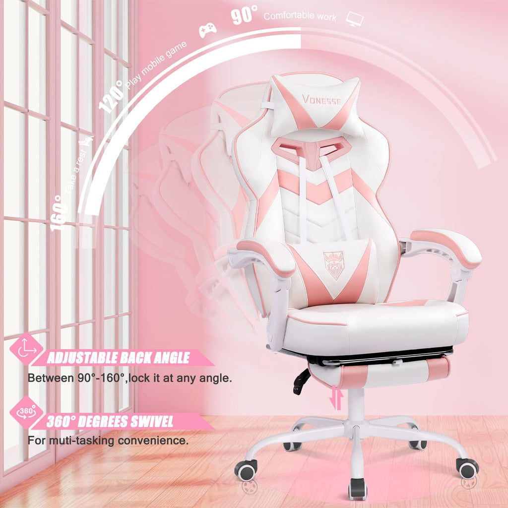 Gaming Chair, High Back Pink Gaming Chair with Footrest and Massage, Gaming Chairs for Adults with Pocket Spring