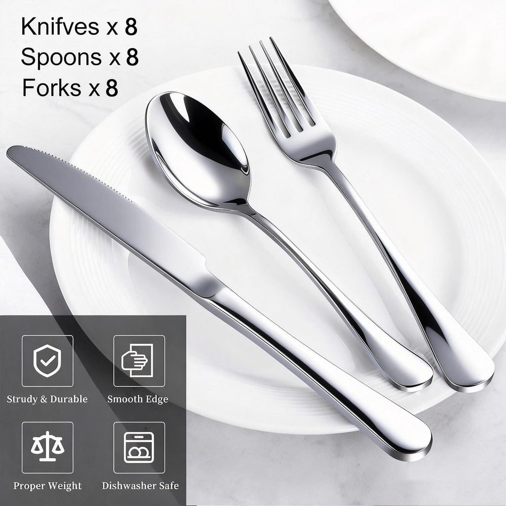 24-Piece Silverware Set for 8 - Stainless Steel Flatware Cutlery Set Service for 8, Mirror Polished Flatware Set