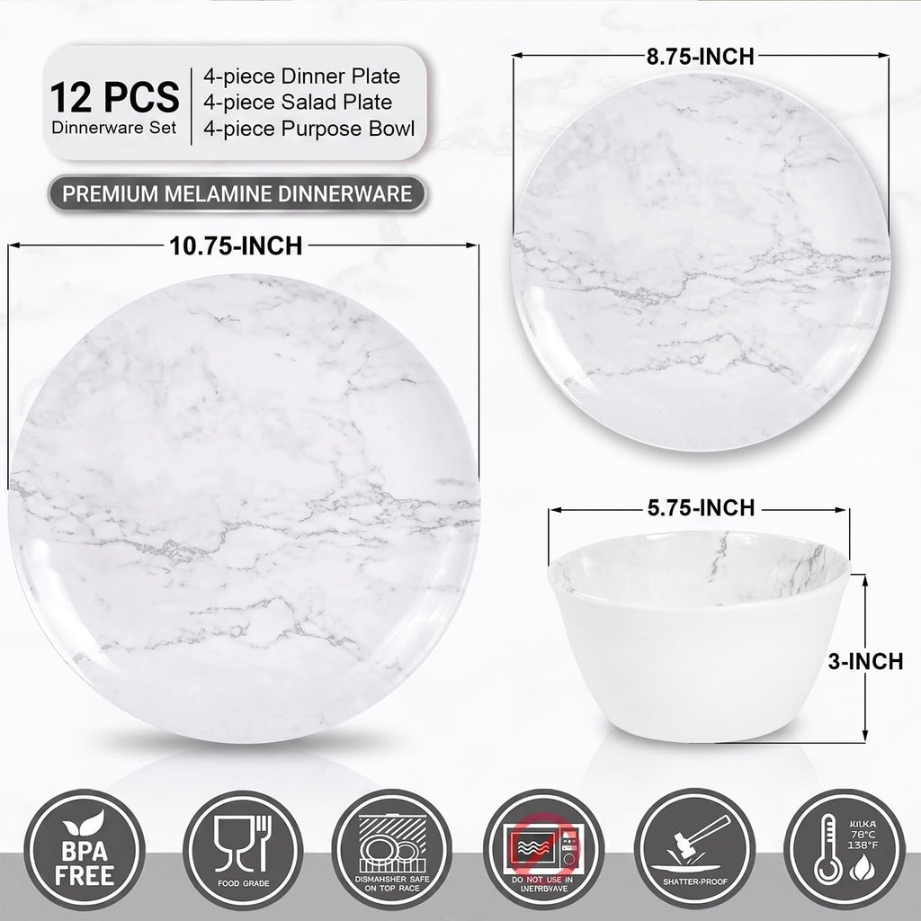 12-Piece Melamine Dinnerware Sets, Modern White Round Dish Set for 4
