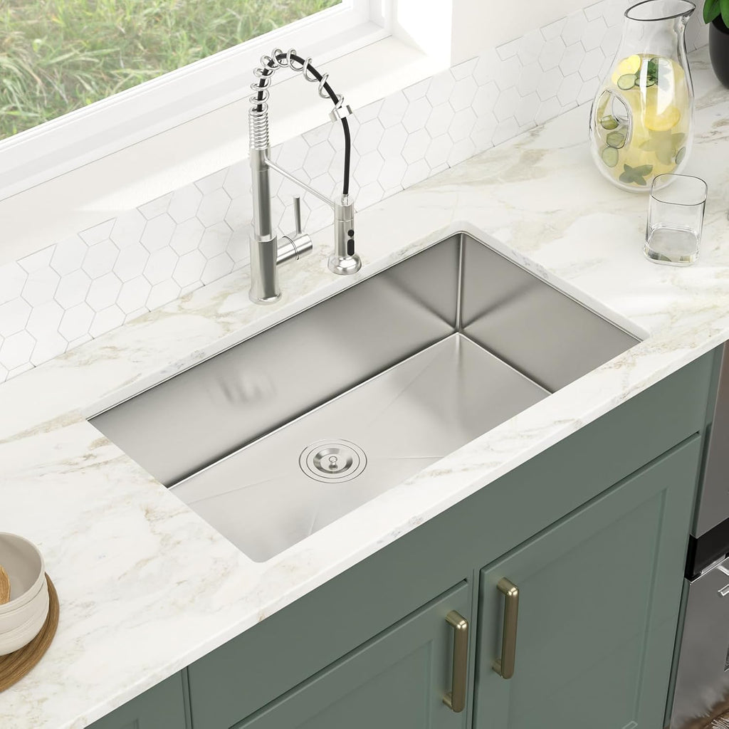 32 Inch Undermount Kitchen Sink | Stainless Steel 16 Gauge Single Bowl Under Counter Handmade Brushed Basin, 32x18x9