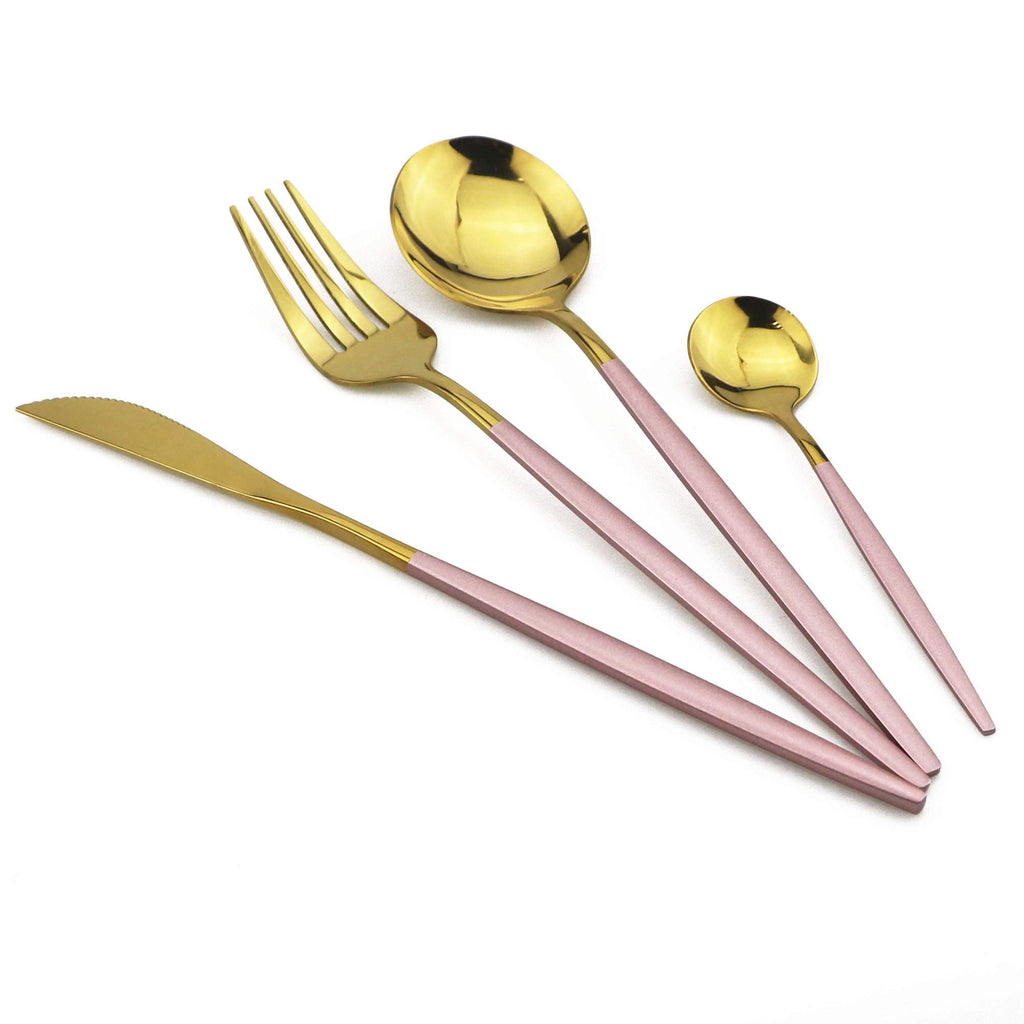 24-Piece Flatware Set, 18/0 Stainless Steel Knife Fork Spoon Teaspoon Silverware Set, Service for 6, Pink Handle Gold