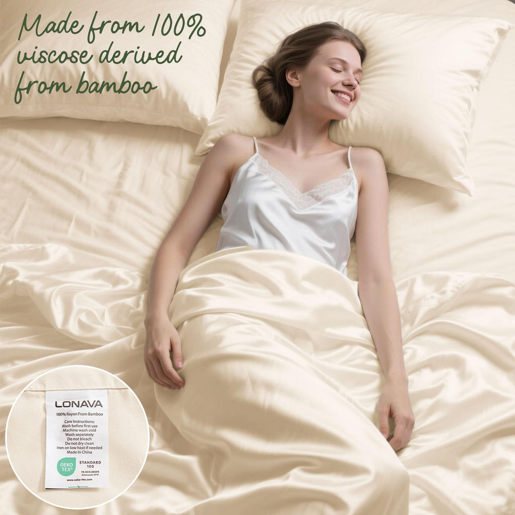 100% Viscose Derived from Bamboo King Sheet Set Beige, 4 Pieces Soft Cooling Bedding with Deep Pocket UP to 16"
