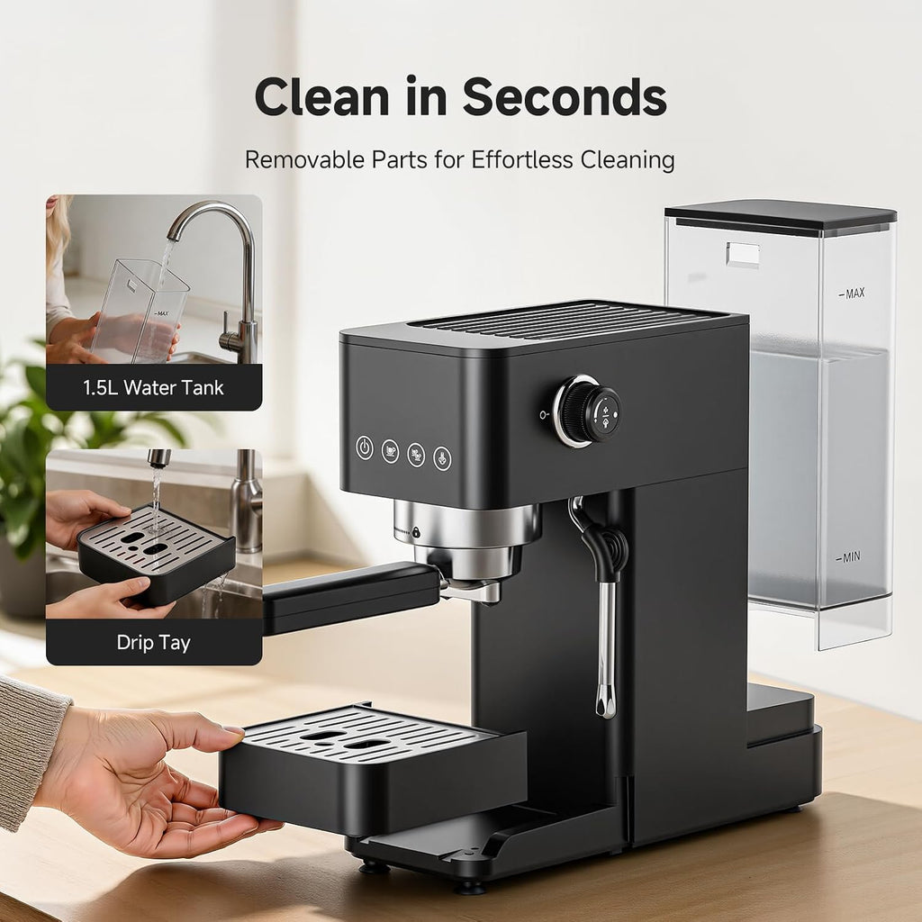 Compact Espresso Machine, 20 Bar, Milk Frother, Latte & Cappuccino | Compact Design, 30s Heat-Up, PID Temp Control