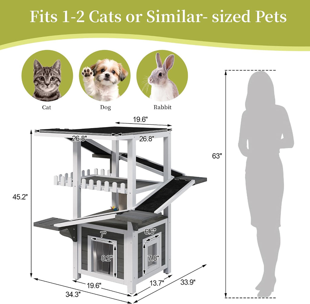 4-Tier Weatherproof Cat House, Wooden Outdoor Cat Tree with Ramps, Balcony and Scratching Post (Grey, White)
