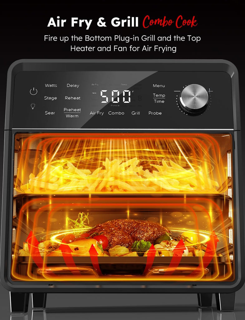 Plug-In Grill Air Fryer Oven Combo w/Sheath Heaters, Authentic Char Flavor, 2026 New Convection System, 2X More Even