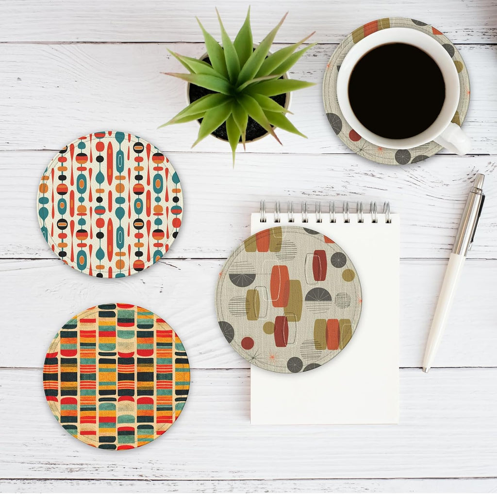 Mid Century Modern Style Leather Drinks Coasters with Holder - Set of 6