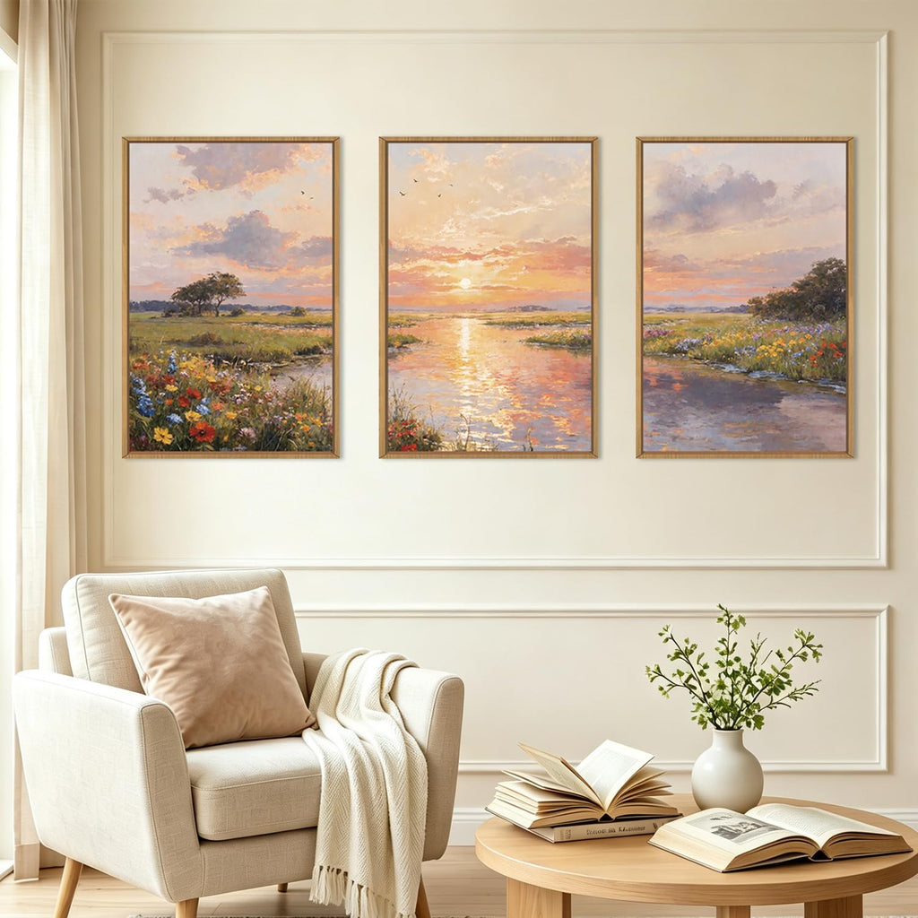 Extra Large Sunset Wildflower Framed Canvas Wall Art 24x36 Inch Nature Floral Meadow Artwork Flower Tree Scenic Wall