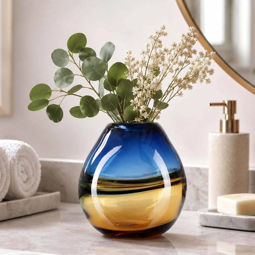 Hand Blown Glass Flower Vase, Murano Style Art Glass Vase Table Centerpiece
