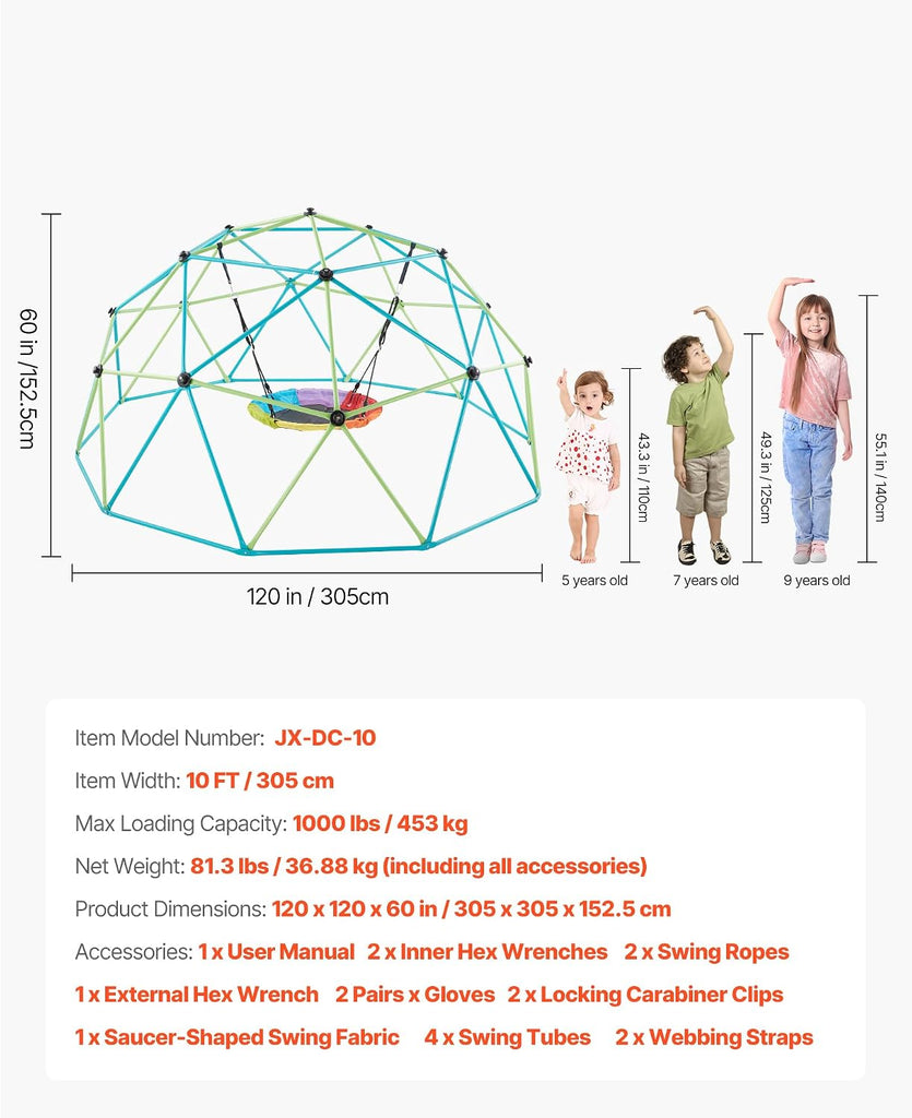Climbing Dome, 10FT Geometric Dome Climber with Saucer Swing, 1000LBS Loading Kid's Jungle Gym Playground