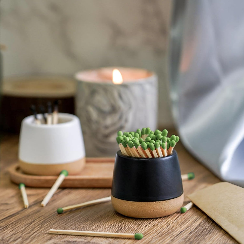 Ceramic Match Holder with Striker - Match Container With Wooden Tray Matchstick Holder Bathroom Candle - Set of 2
