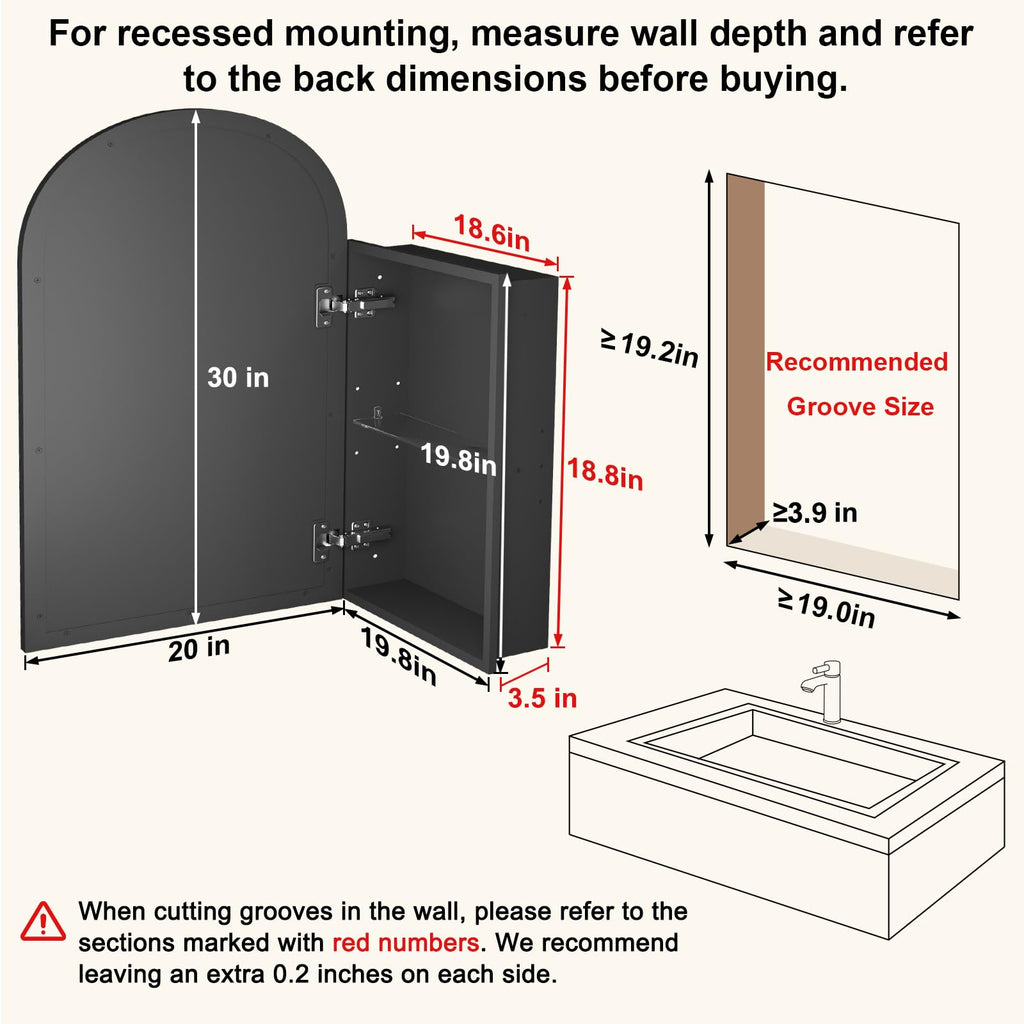 Arched Recessed Medicine Cabinet with Mirror, 20 x 30 Inch, Black Frame