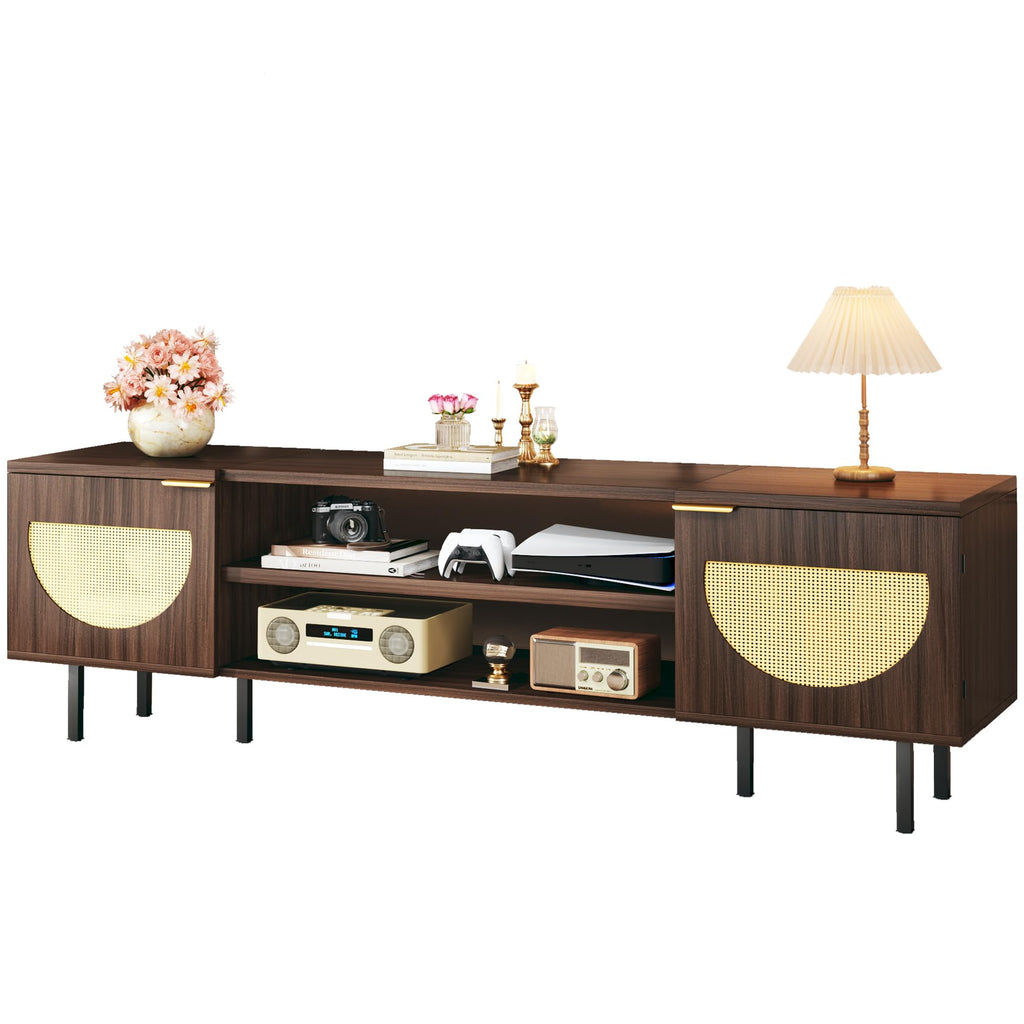 TV Stand for 55/60/65 inch TV, Modern Entertainment Center with Storage, Rattan TV Stands with 2 Cabinets &