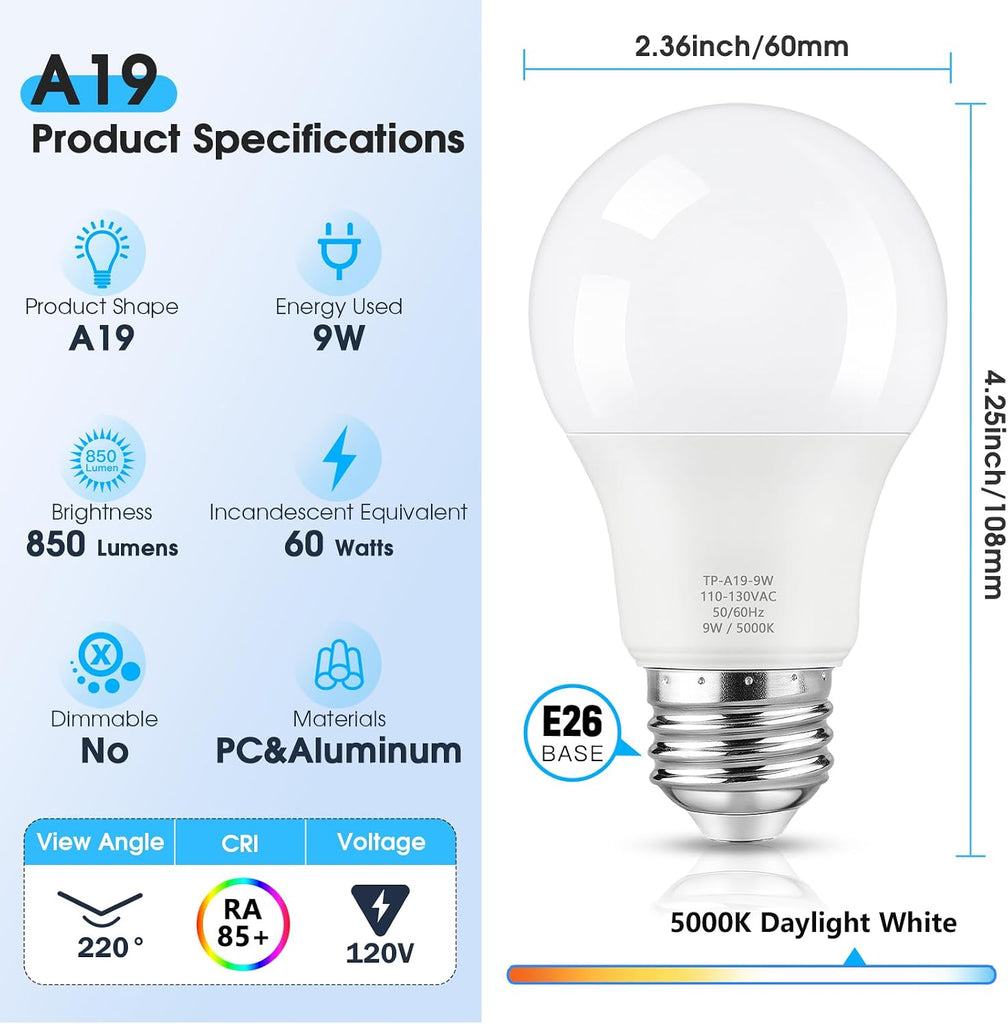 A19 LED Light Bulbs, 60W Equivalent 5000K Daylight White 24-Pack