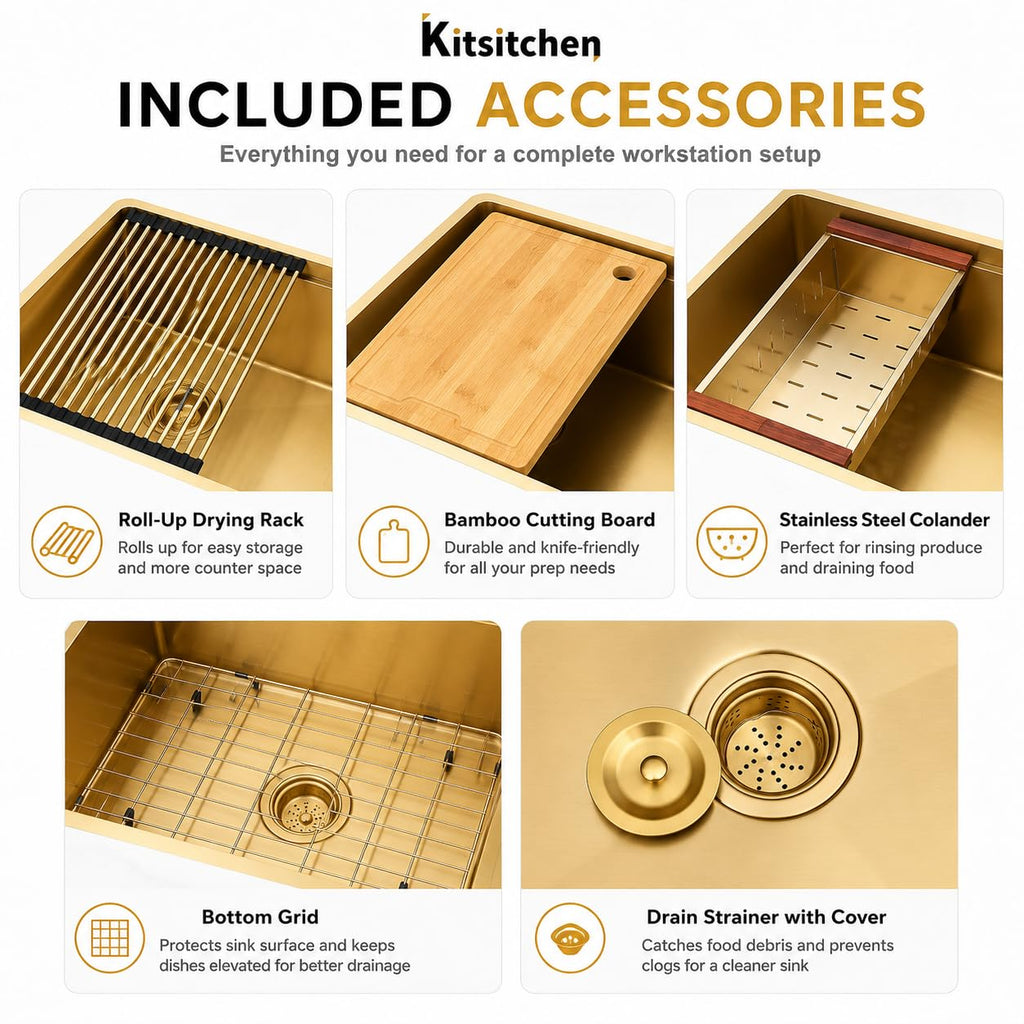 Gold Undermount Kitchen Sink, 32" x 19" x 10", 16 Gauge T304 Stainless Steel Workstation Sink, Deep Single Bowl