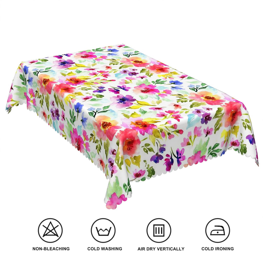 60x102inches Spring Floral Rectangle Tablecloth Colorful Watercolor Flowers with Leaves Printed Table Clothes Cover