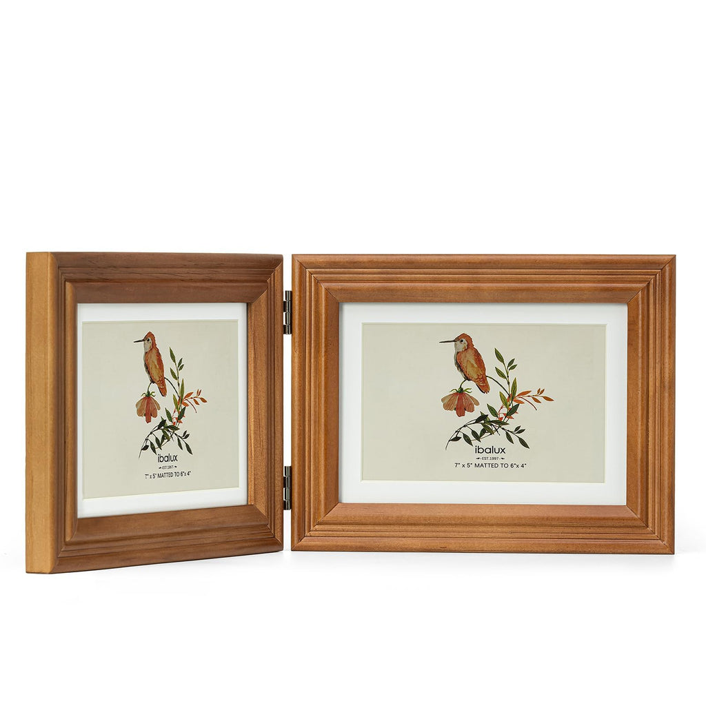 5x7 Double Hinged Picture Frame, 2 Folding Photo Frame, Walnut-colored Pine Wood with Real Glass, Display Pictures