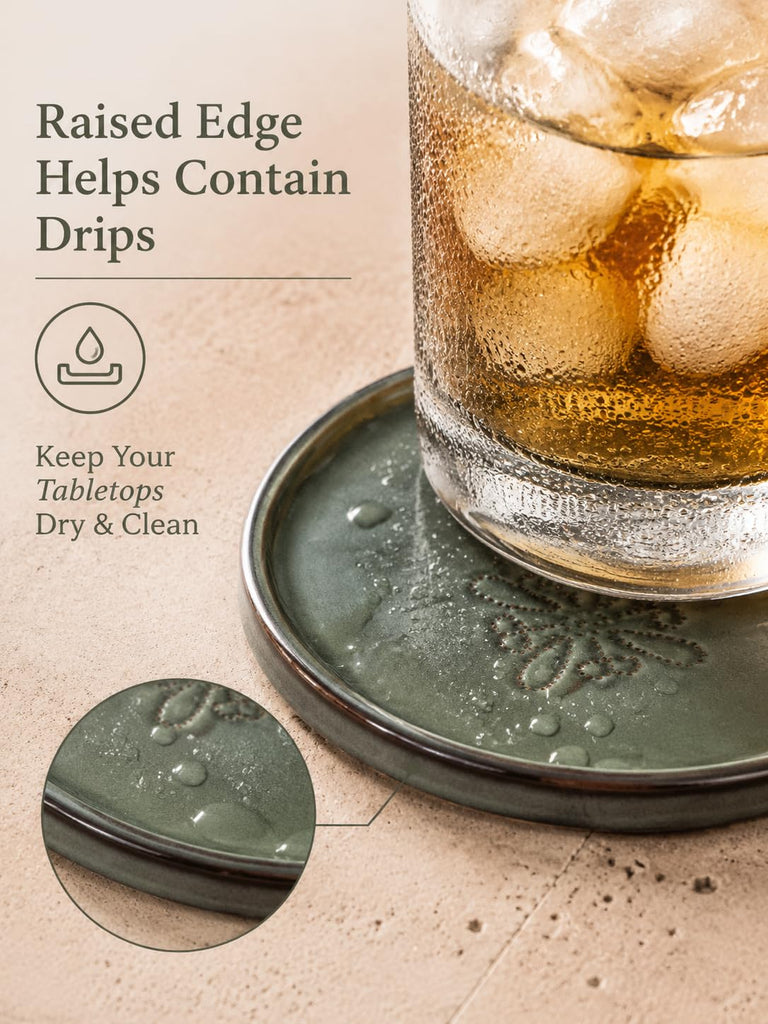 Drink Coasters Set of 6, Ceramic Coasters for Drinks, Floral, Green