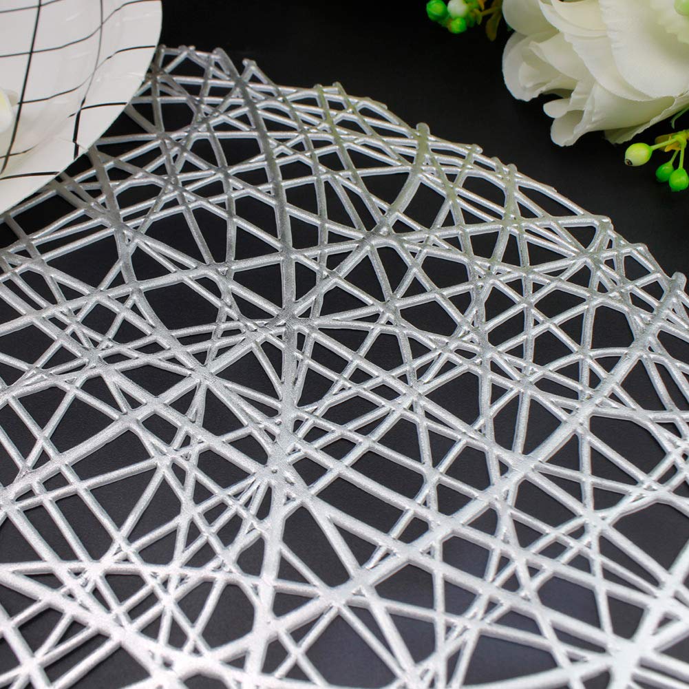 Silver Round Placemats for Dinner Table Set of 6 Metallic Hollow Out Line