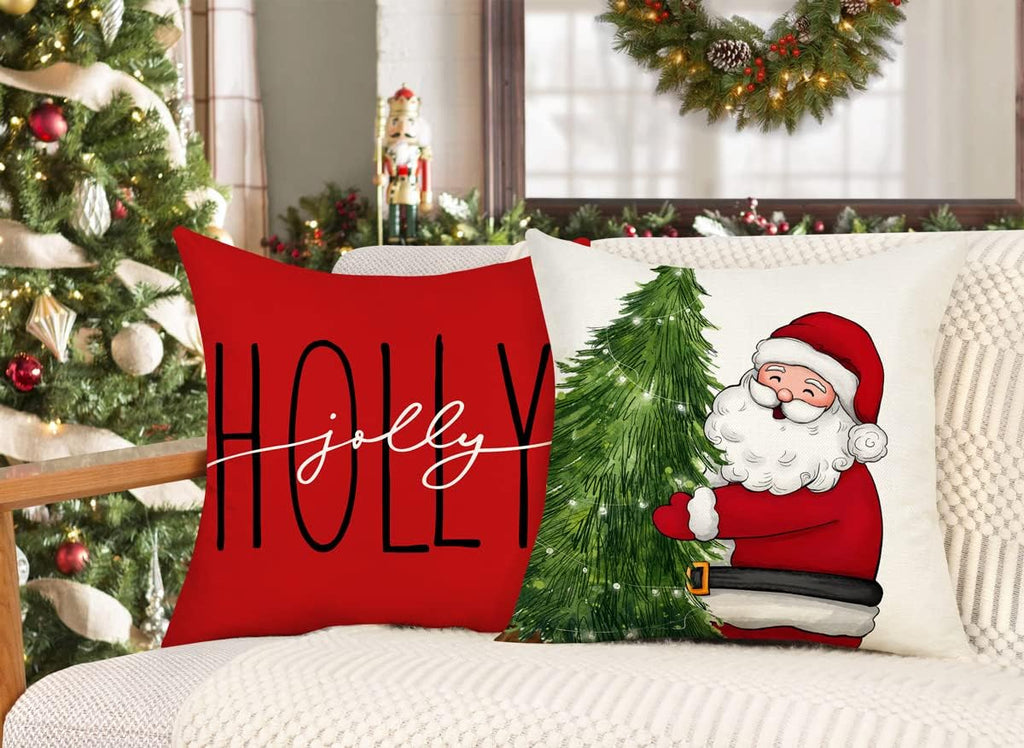 Red Christmas Pillow Covers 18x18 - Farmhouse Decorations With Snowman, Wreath, Santa Claus, Tree - Merry - Set of 4