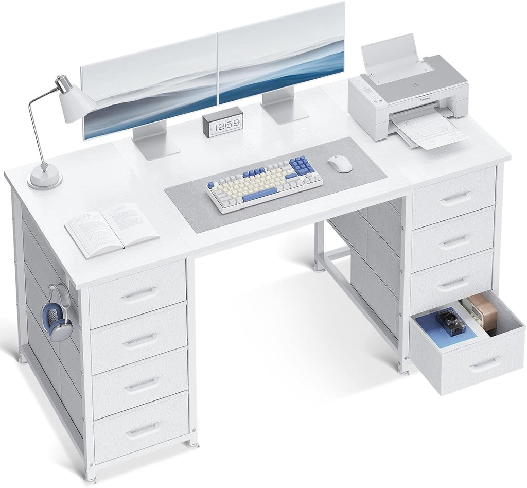 48 Inch White Computer Desk with 8 Fabric Drawers, Modern Office Desk with Large Storage, Study, Gaming, White
