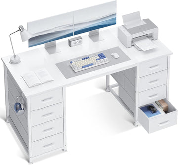 48 Inch White Computer Desk with 8 Fabric Drawers, Modern Office Desk with Large Storage, Study, Gaming, White