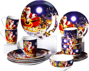 Porcelain Dinnerware Sets Christmas Gecorations Gift Theme Ceramic Plates Bowls16 Piece Dinner Service Sets (Blue)