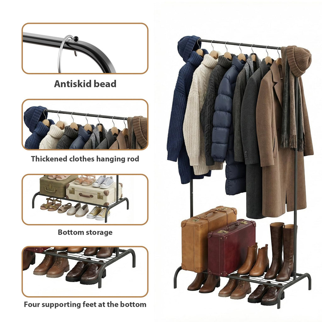 Black Clothing Rack 2 Pack for Small Spaces, Freestanding Garment Rack with Bottom Shelf, Stable Clothes Organizer