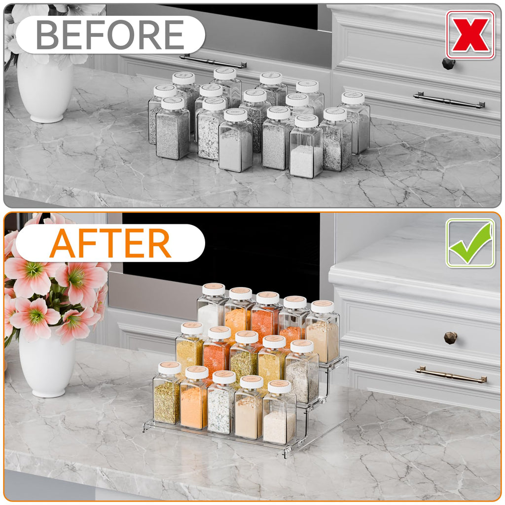 2 Pack Tiered Spice Rack Organizer for Cabinet,Pantry,3 Tier Clear Acrylic Spice Rack Organizer & Holder,Step Shelves