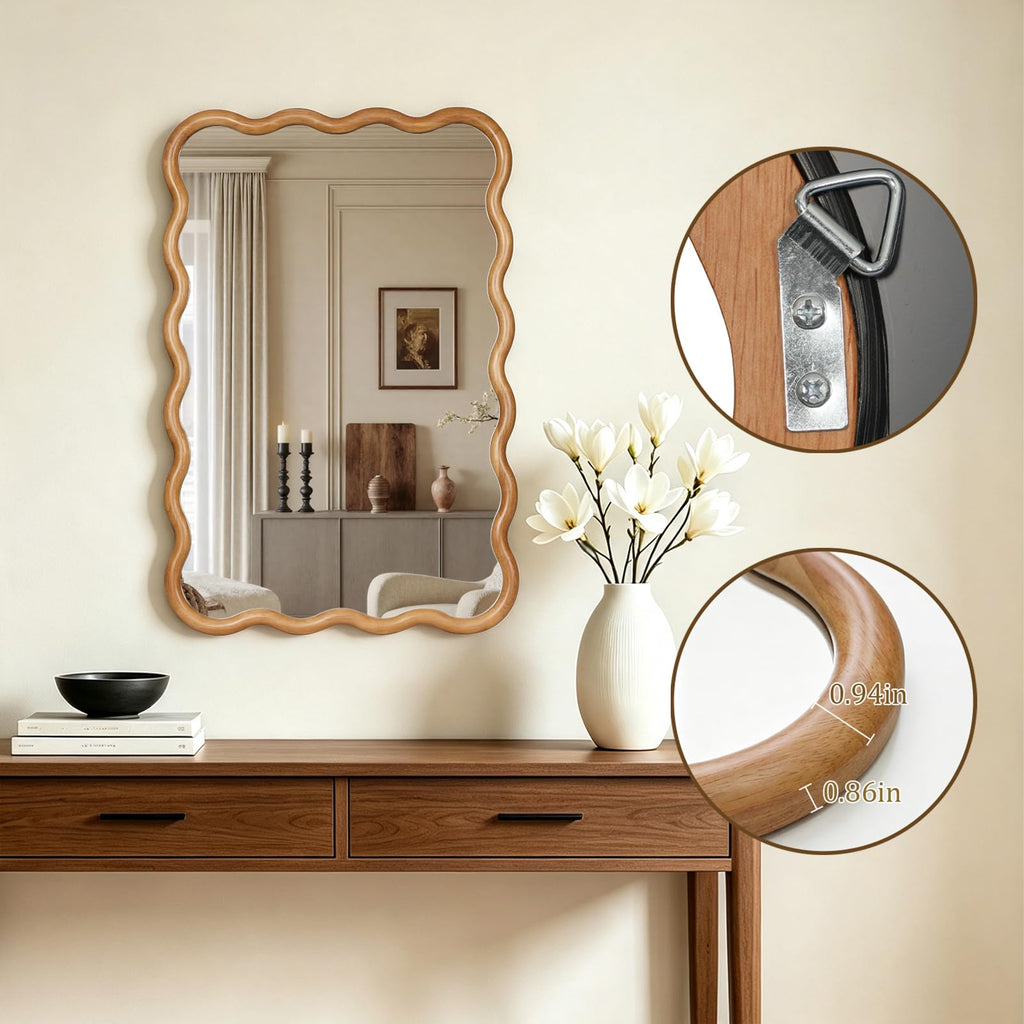 24"x36" Wavy Wood Mirror, Rectangular Wall Mirror with Natural Wooden Frame, Boho Farmhouse Country Bathroom Vanity