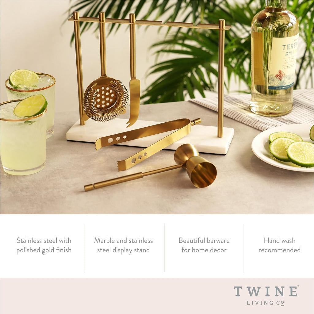 Bar Tool Set Includes Hawthorne Strainer, Citrus Knife, Ice Tongs, Double Jigger with Marble Display Stand - Set of 4