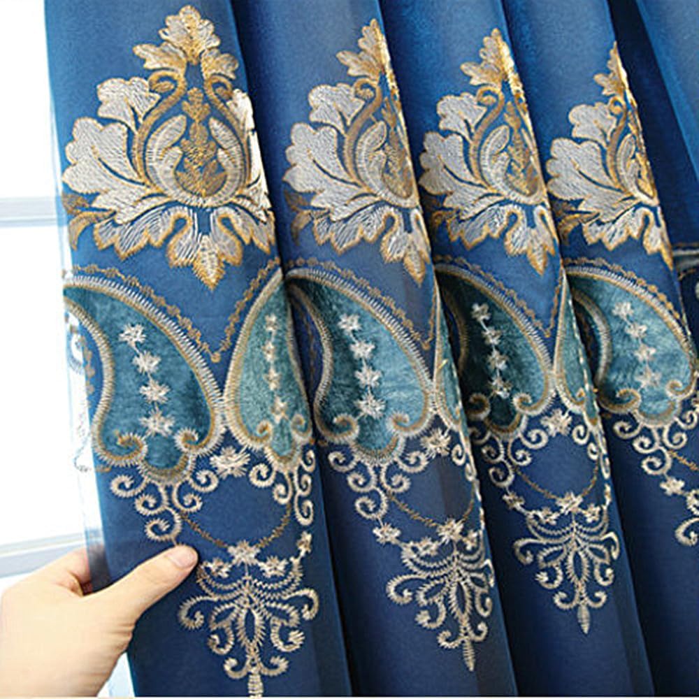 1 Pair European Double Layer Curtains with Valances for Living Room Bedroom Luxury Embroidered Curtains (Blue,63x96